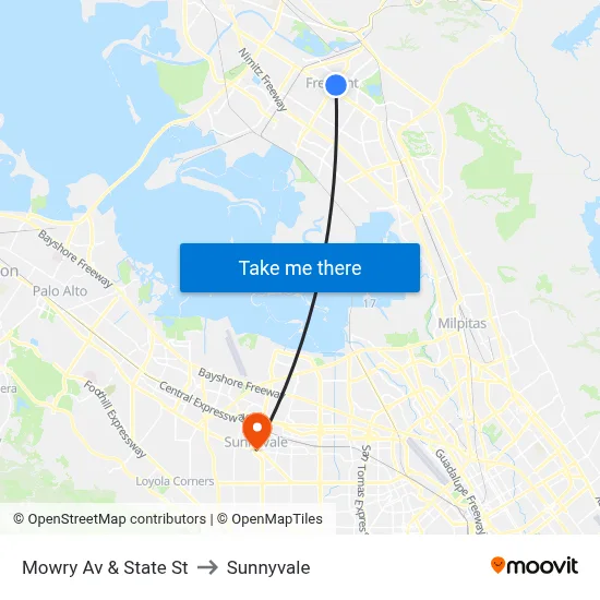 Mowry Av & State St to Sunnyvale map