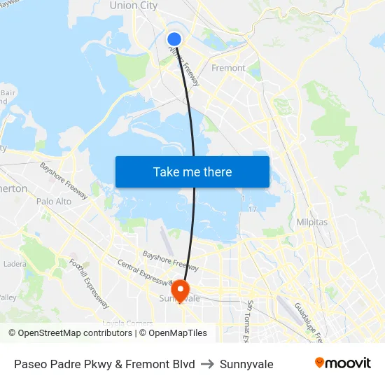 Paseo Padre Pkwy & Fremont Blvd to Sunnyvale map
