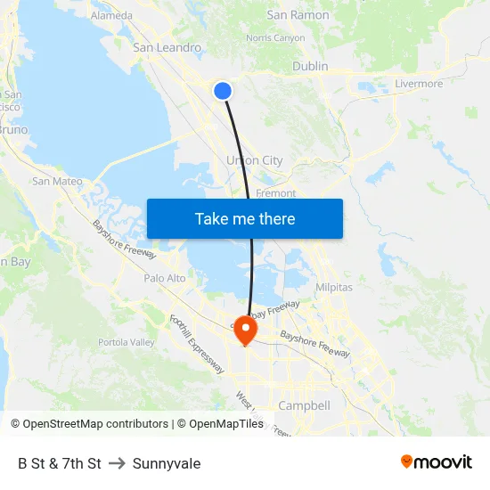 B St & 7th St to Sunnyvale map
