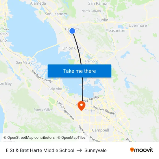 E St & Bret Harte Middle School to Sunnyvale map