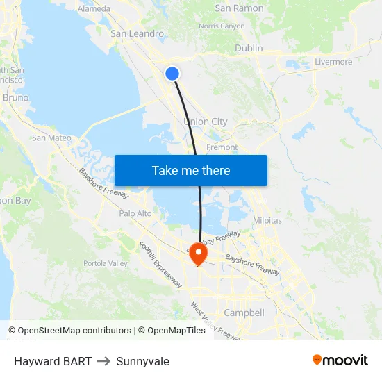 Hayward BART to Sunnyvale map