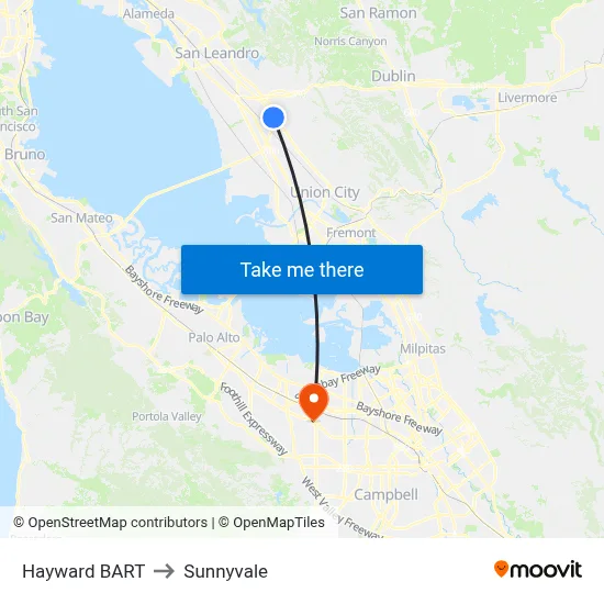 Hayward BART to Sunnyvale map