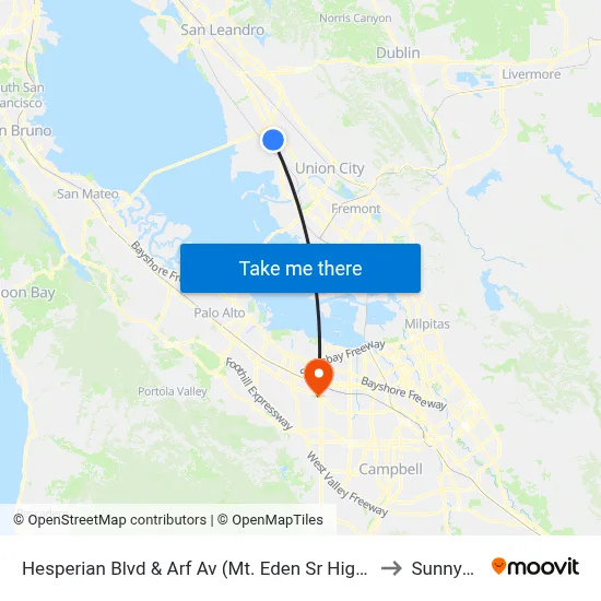 Hesperian Blvd & Arf Av (Mt. Eden Sr High School) to Sunnyvale map