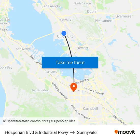 Hesperian Blvd & Industrial Pkwy to Sunnyvale map