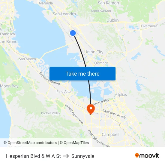 Hesperian Blvd & W A St to Sunnyvale map