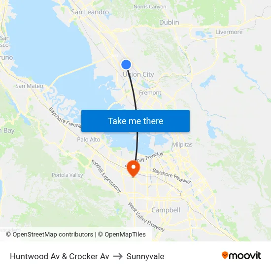 Huntwood Av & Crocker Av to Sunnyvale map