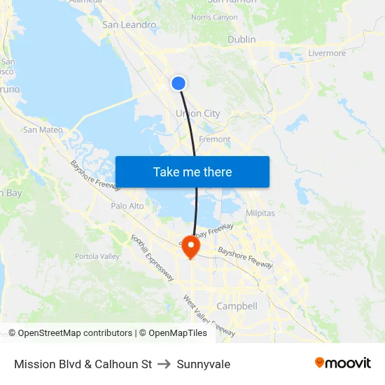 Mission Blvd & Calhoun St to Sunnyvale map