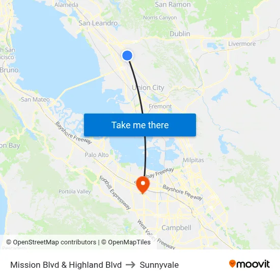 Mission Blvd & Highland Blvd to Sunnyvale map
