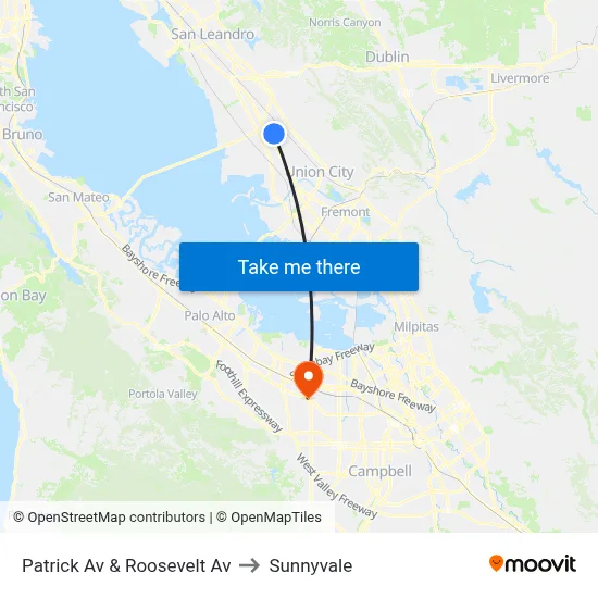 Patrick Av & Roosevelt Av to Sunnyvale map