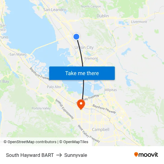 South Hayward BART to Sunnyvale map