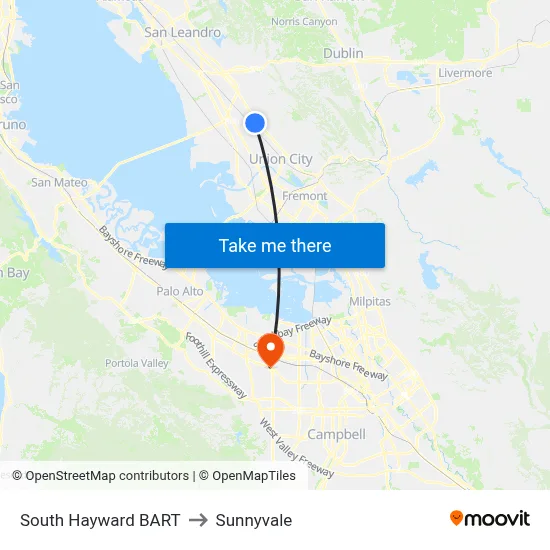 South Hayward BART to Sunnyvale map
