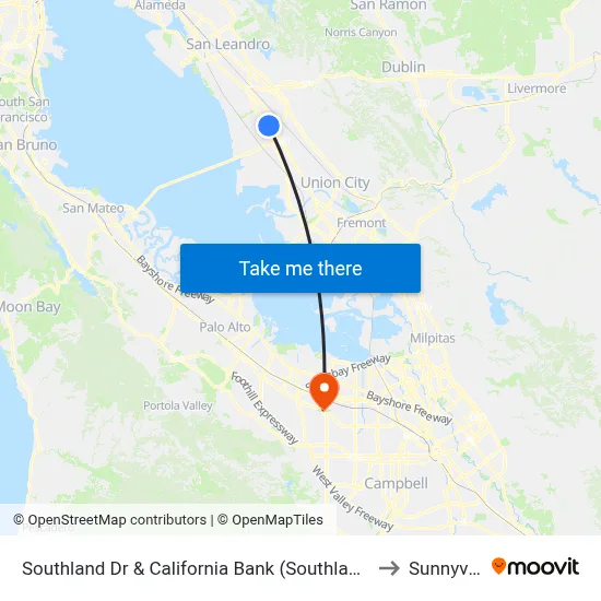 Southland Dr & California Bank  (Southland Mall) to Sunnyvale map