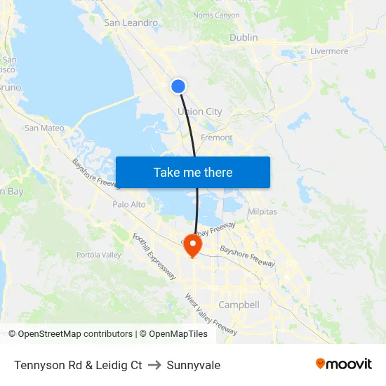 Tennyson Rd & Leidig Ct to Sunnyvale map