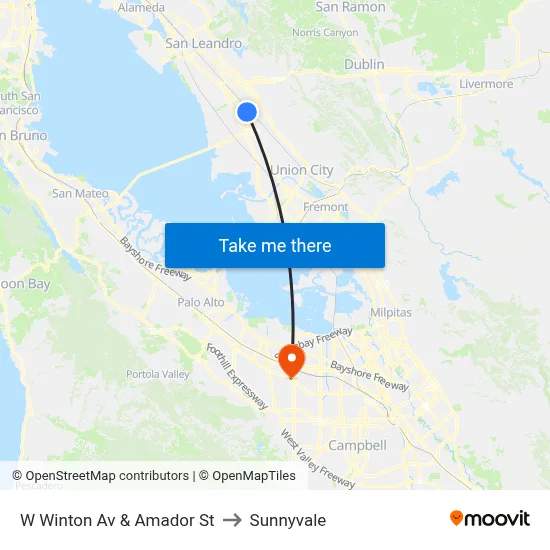 W Winton Av & Amador St to Sunnyvale map