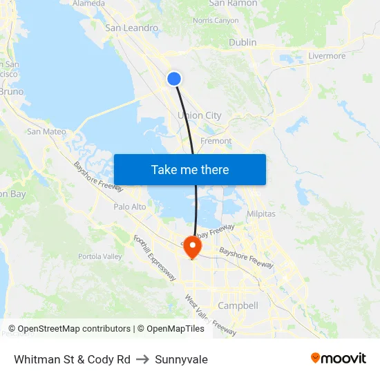Whitman St & Cody Rd to Sunnyvale map