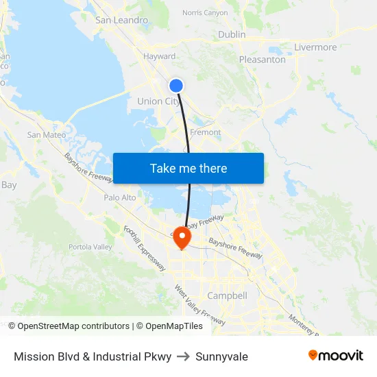 Mission Blvd & Industrial Pkwy to Sunnyvale map