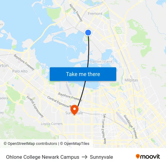 Ohlone College Newark Campus to Sunnyvale map