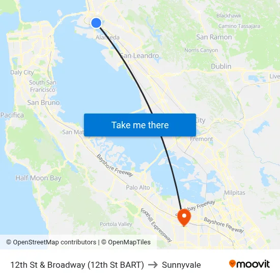 12th St & Broadway (12th St BART) to Sunnyvale map
