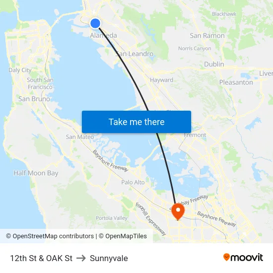 12th St & OAK St to Sunnyvale map
