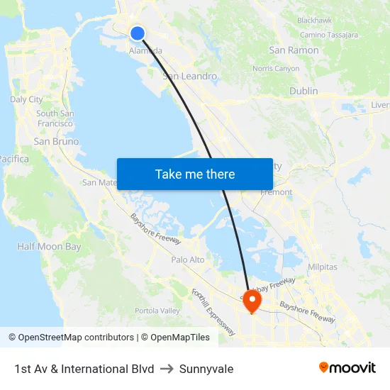 1st Av & International Blvd to Sunnyvale map