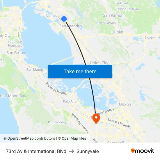 73rd Av & International Blvd to Sunnyvale map