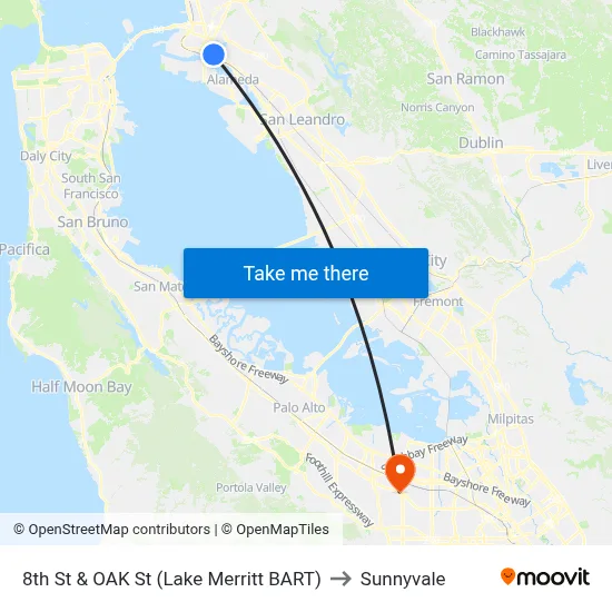 8th St & OAK St (Lake Merritt BART) to Sunnyvale map