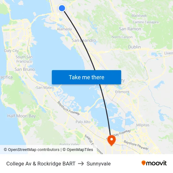 College Av & Rockridge BART to Sunnyvale map