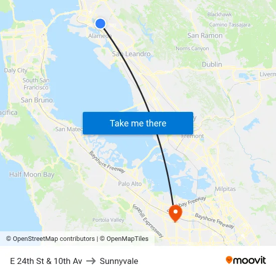E 24th St & 10th Av to Sunnyvale map
