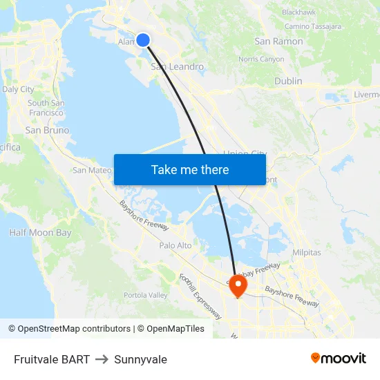 Fruitvale BART to Sunnyvale map