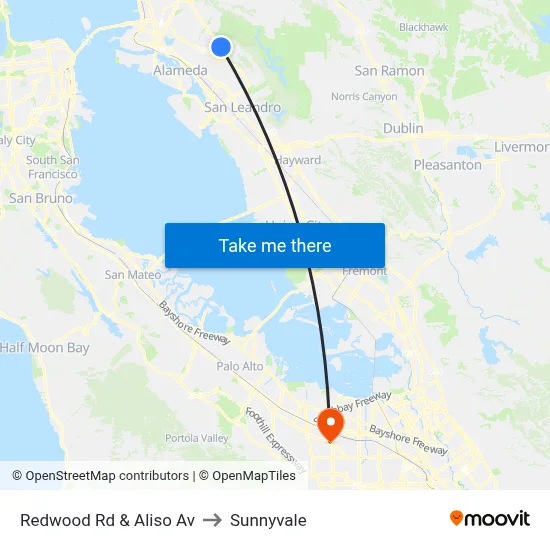 Redwood Rd & Aliso Av to Sunnyvale map