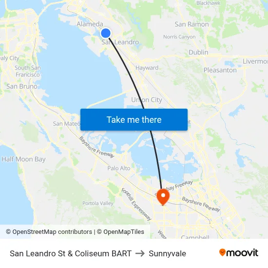 San Leandro St & Coliseum BART to Sunnyvale map