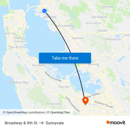 Broadway & 9th St to Sunnyvale map