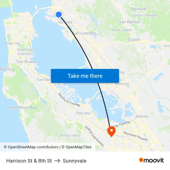 Harrison St & 8th St to Sunnyvale map