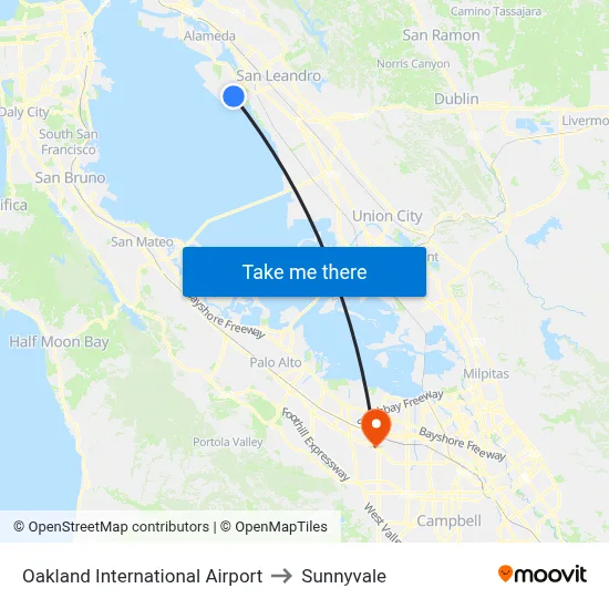 Oakland International Airport to Sunnyvale map