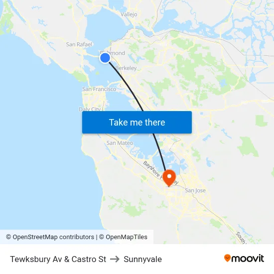 Tewksbury Av & Castro St to Sunnyvale map