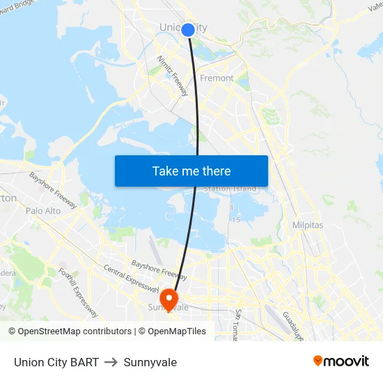 Union City BART to Sunnyvale map