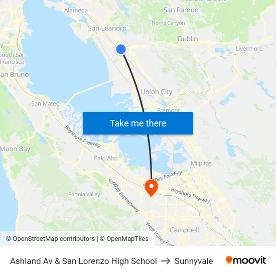 Ashland Av & San Lorenzo High School to Sunnyvale map