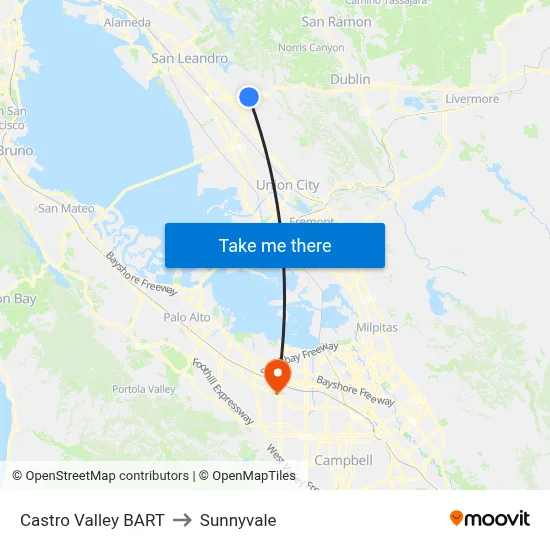 Castro Valley BART to Sunnyvale map