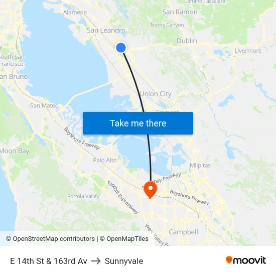 E 14th St & 163rd Av to Sunnyvale map
