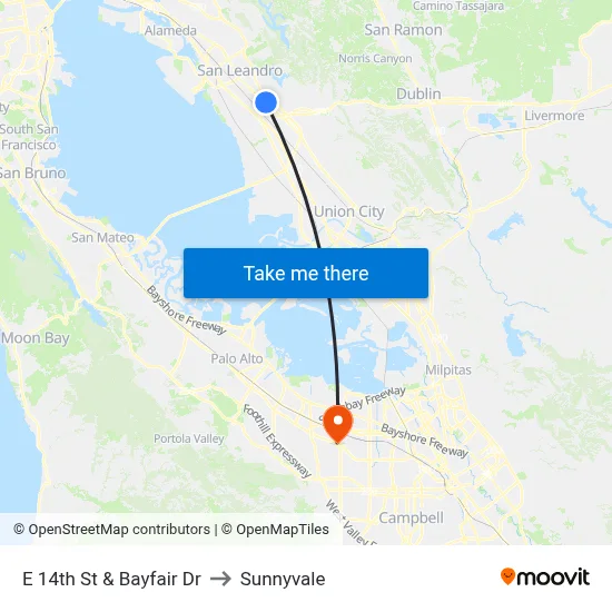 E 14th St & Bayfair Dr to Sunnyvale map