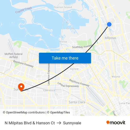 N Milpitas Blvd & Hanson Ct to Sunnyvale map