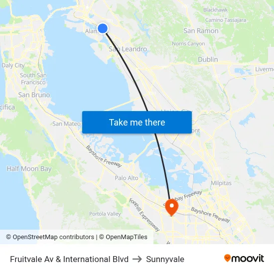 Fruitvale Av & International Blvd to Sunnyvale map