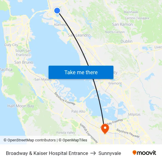 Broadway & Kaiser Hospital Entrance to Sunnyvale map