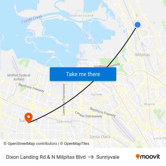 Dixon Landing Rd & N Milpitas Blvd to Sunnyvale map