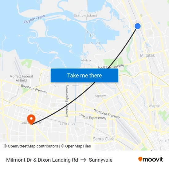 Milmont Dr & Dixon Landing Rd to Sunnyvale map