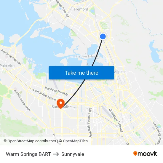 Warm Springs BART to Sunnyvale map
