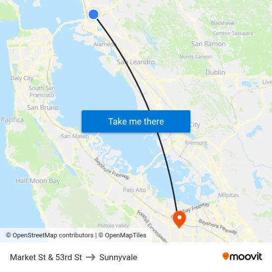 Market St & 53rd St to Sunnyvale map