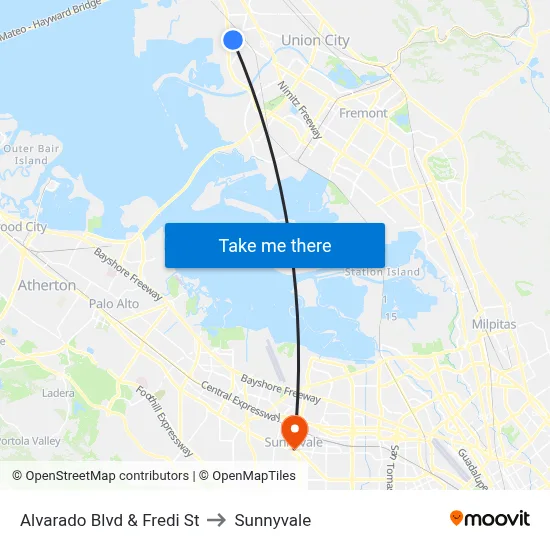 Alvarado Blvd & Fredi St to Sunnyvale map