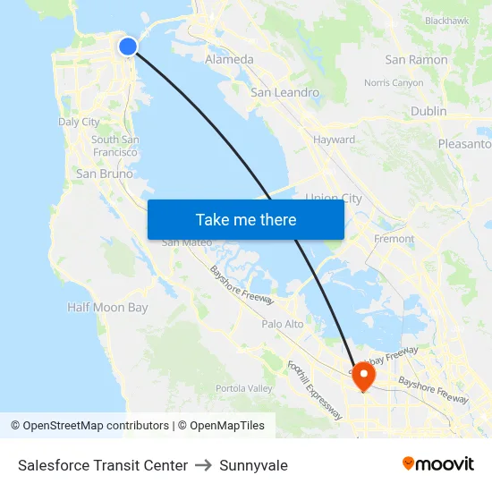Salesforce Transit Center to Sunnyvale map