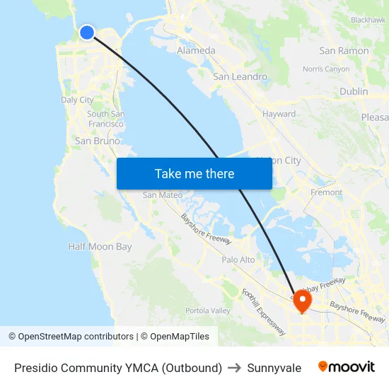 Presidio Community YMCA (Outbound) to Sunnyvale map
